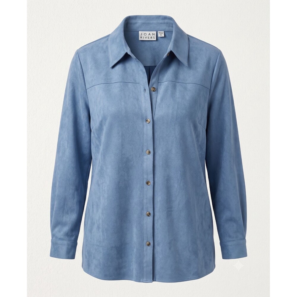 Joan Rivers Womens 1X Blue Faux Suede Button Down Shirt Long Sleeve Shacket Top